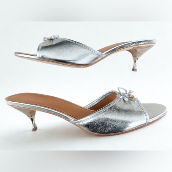 NWOT Tory Burch Silver & Gold Metallic Bow Kitten Heel Mules Size 8M w/ Dust Bag - Picture 2 of 7